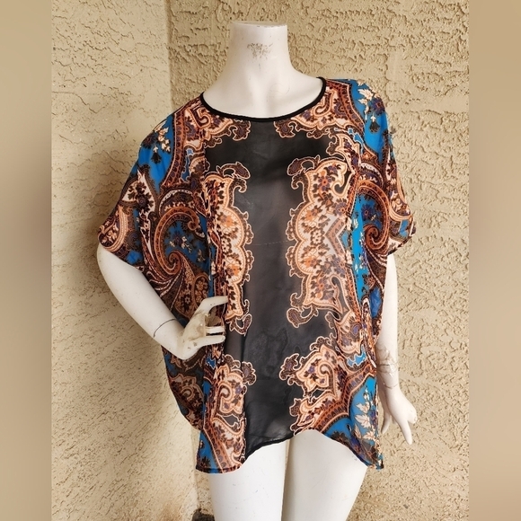 Carmen Carmen Marc Valvo Black, Blue, and Orange See Through Floral Print Flowy - Picture 7 of 8